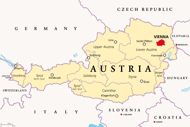 Kortet viser, hvilke østrigske delstater Slovenien grænser op til.