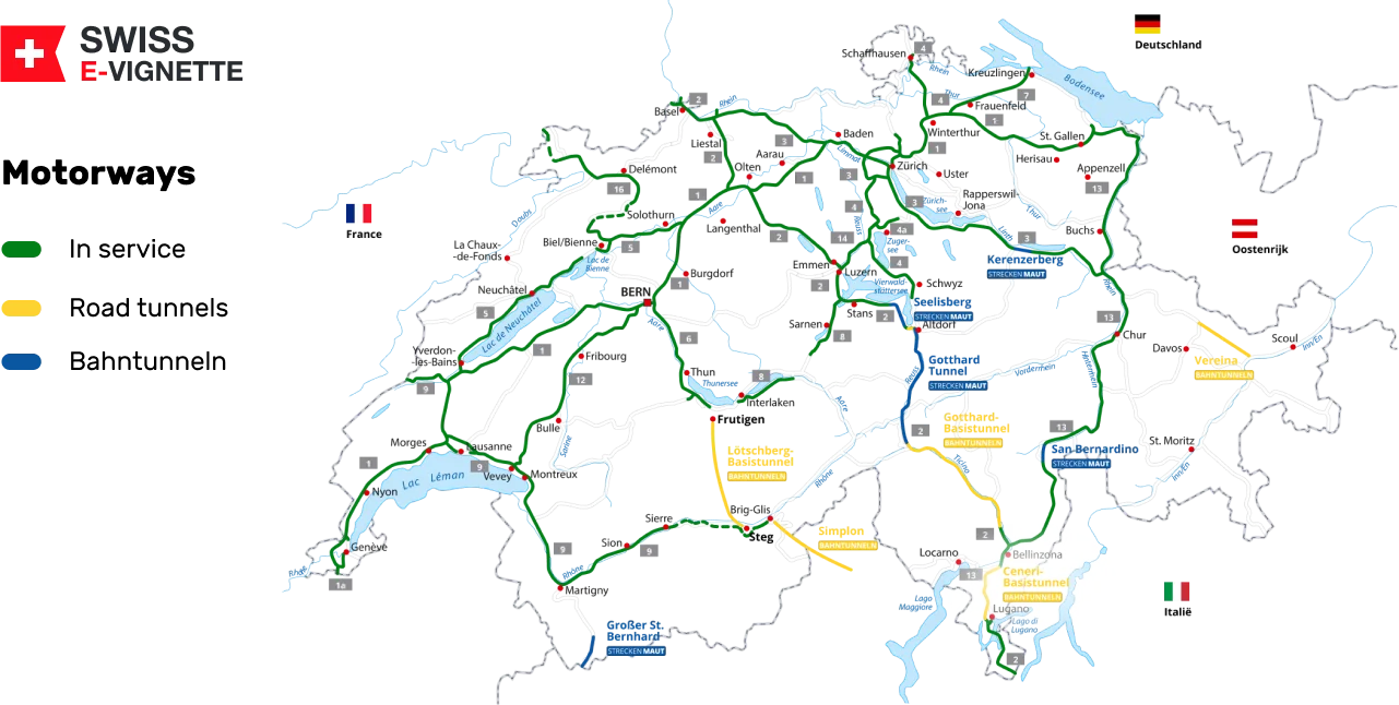 Detaillierte Karte der Autobahnen und Autostraßen in der Schweiz